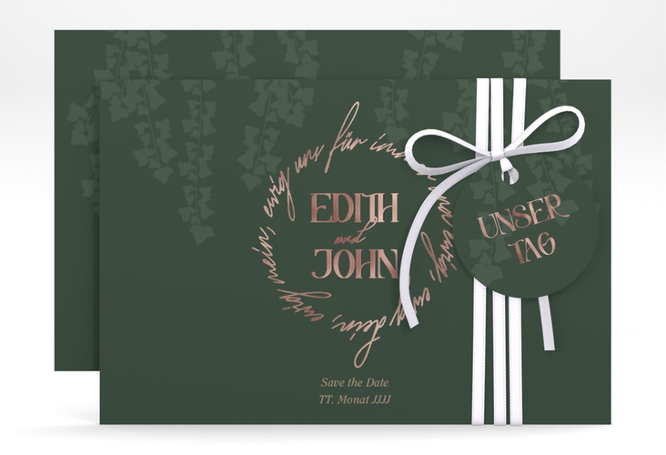 Save the Date-Karte Efeugrün A6 Karte quer rosegold im Fantasy-Elfen-Design mit Efeu