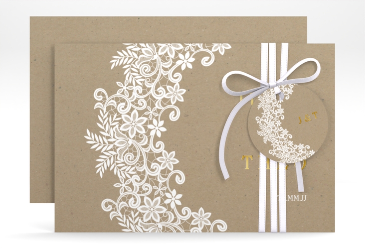 Save the Date-Karte Mariage A6 Karte quer gold mit Bogen aus weißer Spitze