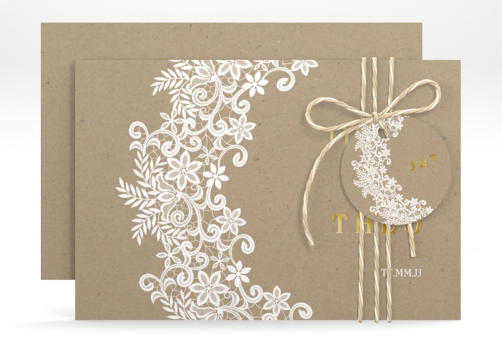 Save the Date-Karte Mariage A6 Karte quer gold mit Bogen aus weißer Spitze