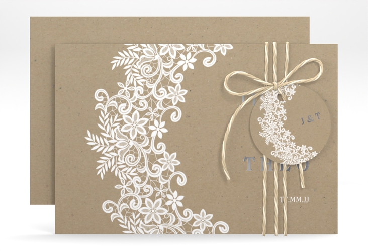 Save the Date-Karte Mariage A6 Karte quer silber mit Bogen aus weißer Spitze
