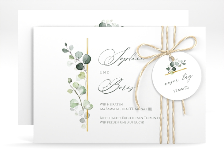 Save the Date-Karte Adelya A6 Karte quer gold elegant mit Eukalyptus-Motiv