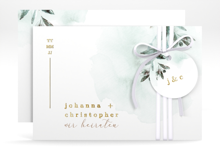 Save the Date-Karte Mediterran A6 Karte quer gold mit Lorbeerzweig in Aquarell
