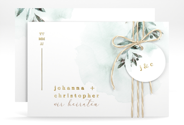 Save the Date-Karte Mediterran A6 Karte quer gold mit Lorbeerzweig in Aquarell