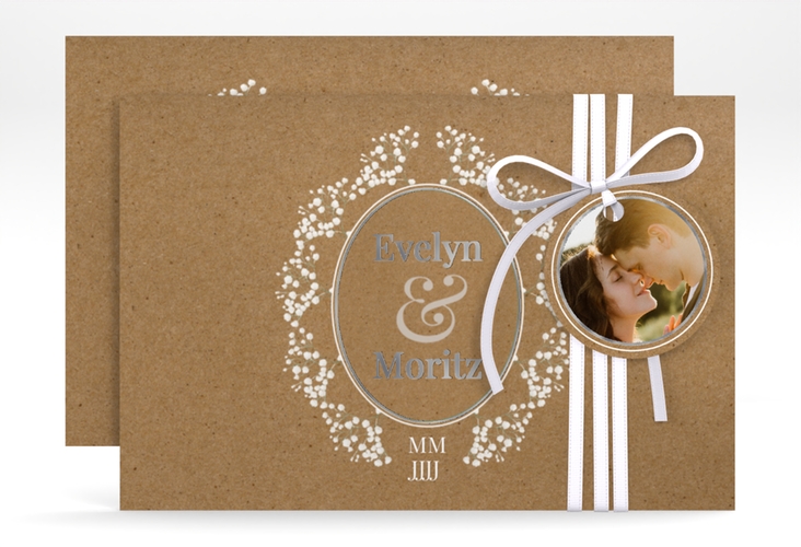 Save the Date-Karte Gypsophila A6 Karte quer silber im Vintage-Stil mit Blumenkranz aus Schleierkraut