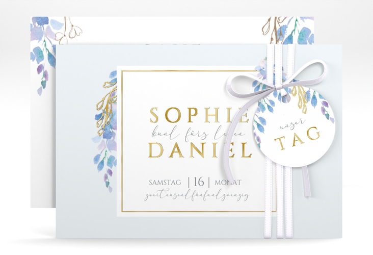Save the Date-Karte Blauregen A6 Karte quer gold mit Wisteria-Blüten