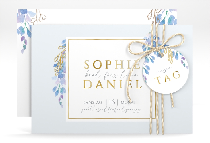 Save the Date-Karte Blauregen A6 Karte quer gold mit Wisteria-Blüten