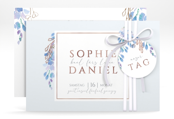 Save the Date-Karte Blauregen A6 Karte quer rosegold mit Wisteria-Blüten