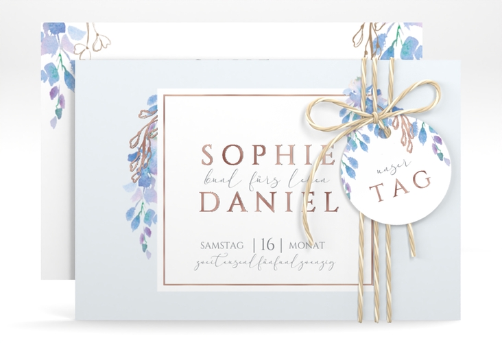 Save the Date-Karte Blauregen A6 Karte quer rosegold mit Wisteria-Blüten