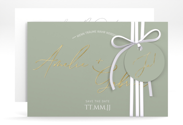 Save the Date-Karte Federschrift A6 Karte quer gold in schlichtem Design mit Kalligrafie