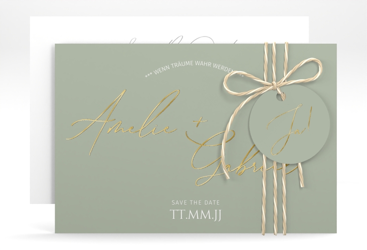 Save the Date-Karte Federschrift A6 Karte quer gold in schlichtem Design mit Kalligrafie