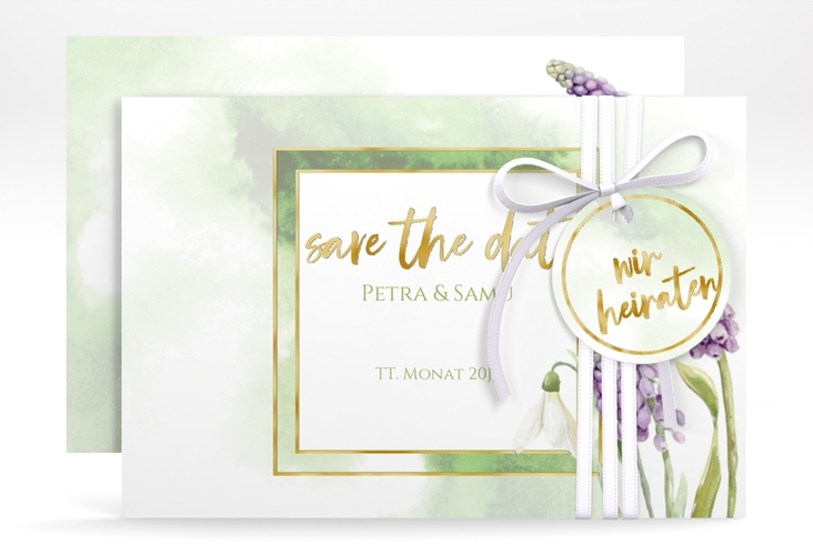 Save the Date-Karte Frühling A6 Karte quer gold mit Frühlingsblumen in Aquarell