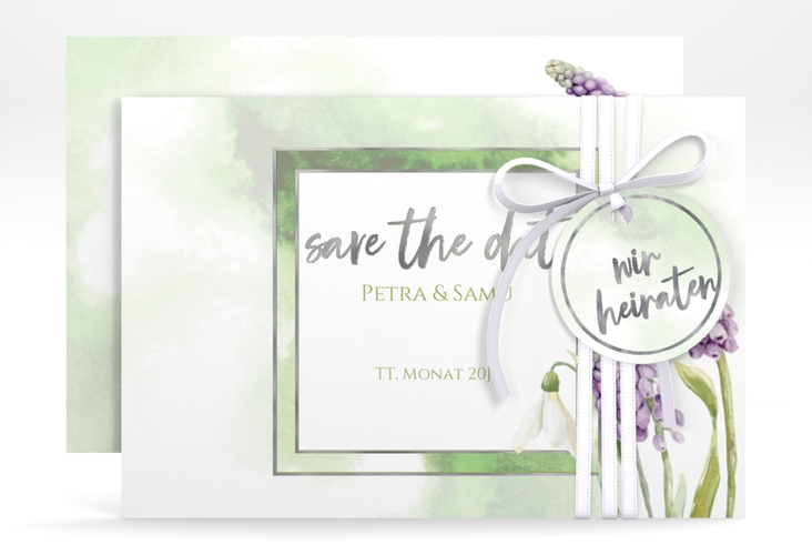Save the Date-Karte Frühling A6 Karte quer silber mit Frühlingsblumen in Aquarell