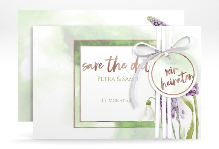 Save the Date-Karte Frühling A6 Karte quer rosegold mit Frühlingsblumen in Aquarell