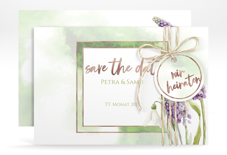 Save the Date-Karte Frühling A6 Karte quer rosegold mit Frühlingsblumen in Aquarell