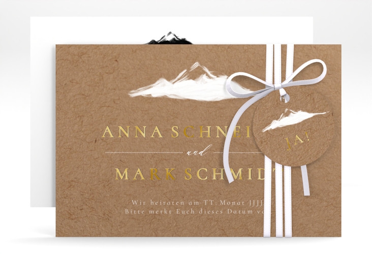 Save the Date-Karte Berghochzeit A6 Karte quer gold mit Berg-Motiv