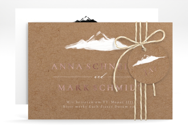 Save the Date-Karte Berghochzeit A6 Karte quer rosegold mit Berg-Motiv