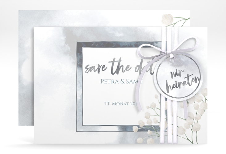 Save the Date-Karte Winter A6 Karte quer silber mit Schleierkraut