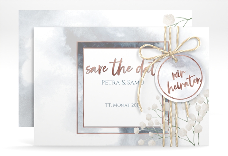 Save the Date-Karte Winter A6 Karte quer rosegold mit Schleierkraut