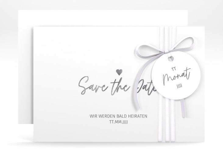 Save the Date-Karte Herzschlag A6 Karte quer silber schlicht und elegant mit Herzchen