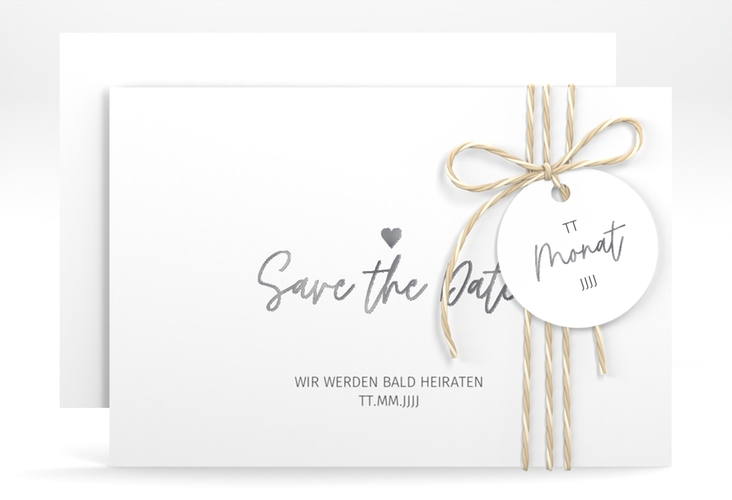 Save the Date-Karte Herzschlag A6 Karte quer silber schlicht und elegant mit Herzchen