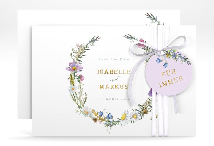 Save the Date-Karte Blumengarten A6 Karte quer gold mit Blumenkranz und Hummel