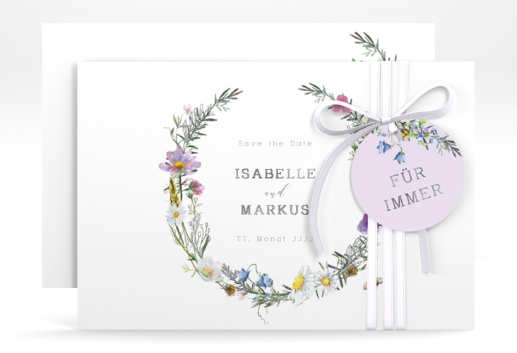 Save the Date-Karte Blumengarten A6 Karte quer silber mit Blumenkranz und Hummel