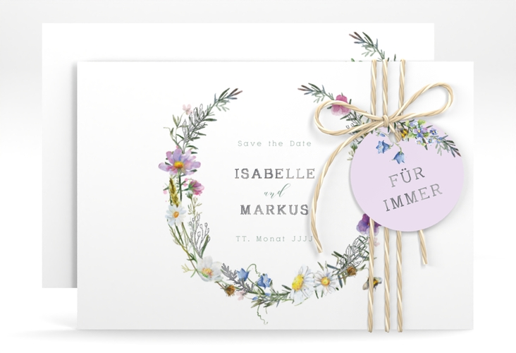 Save the Date-Karte Blumengarten A6 Karte quer silber mit Blumenkranz und Hummel
