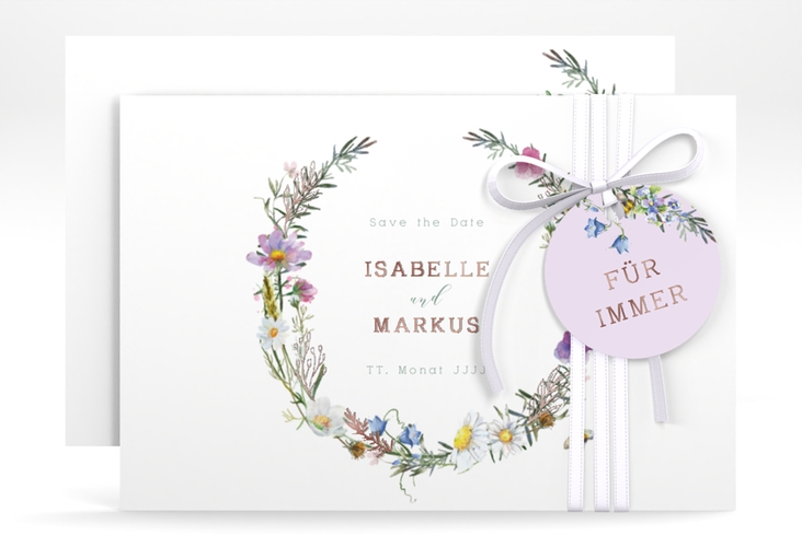 Save the Date-Karte Blumengarten A6 Karte quer rosegold mit Blumenkranz und Hummel