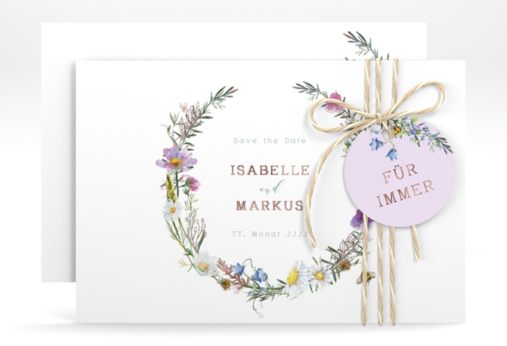 Save the Date-Karte Blumengarten A6 Karte quer rosegold mit Blumenkranz und Hummel