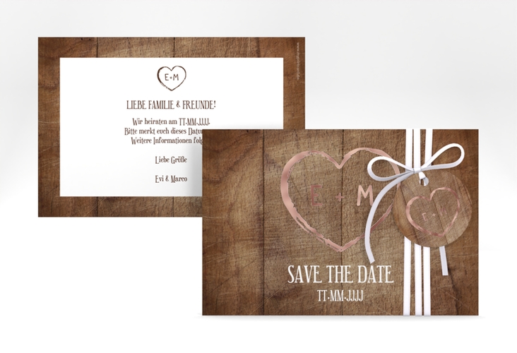 Save the Date-Karte Wood A6 Karte quer rosegold in Holz-Optik mit Herz und Initialen
