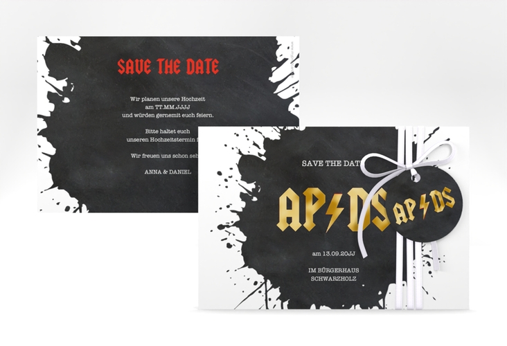Save the Date-Karte Hardrock A6 Karte quer gold für Rockband-Fans