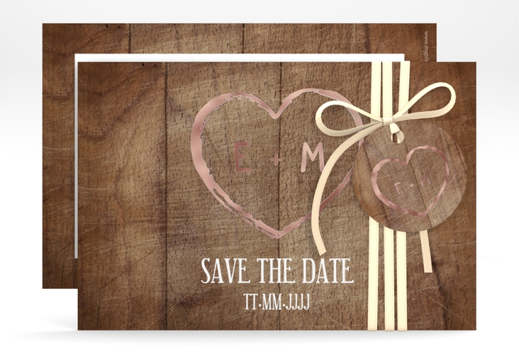 Save the Date-Karte Wood A6 Karte quer rosegold in Holz-Optik mit Herz und Initialen