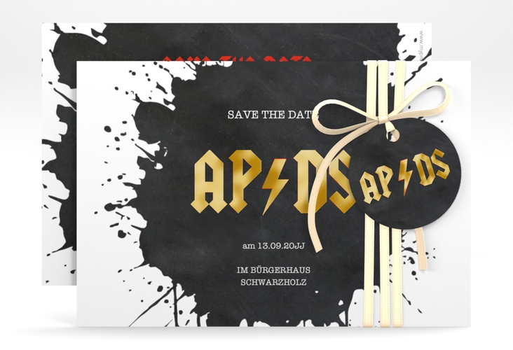 Save the Date-Karte Hardrock A6 Karte quer gold für Rockband-Fans