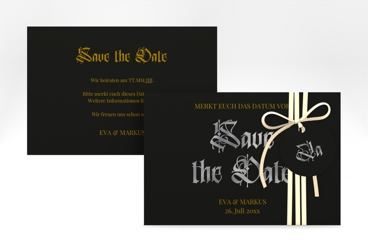 Save the Date-Karte Wednesday A6 Karte quer silber mit geometrischem Herz und Rosen in Aquarell