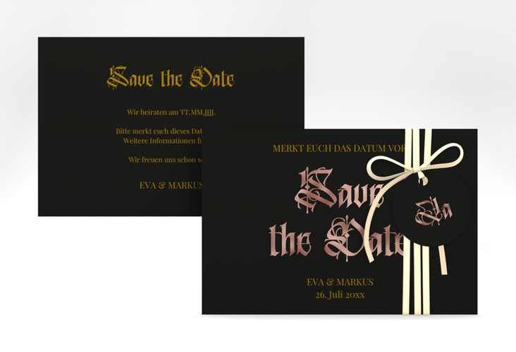 Save the Date-Karte Wednesday A6 Karte quer rosegold mit geometrischem Herz und Rosen in Aquarell