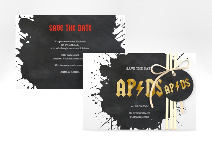 Save the Date-Karte Hardrock A6 Karte quer gold für Rockband-Fans