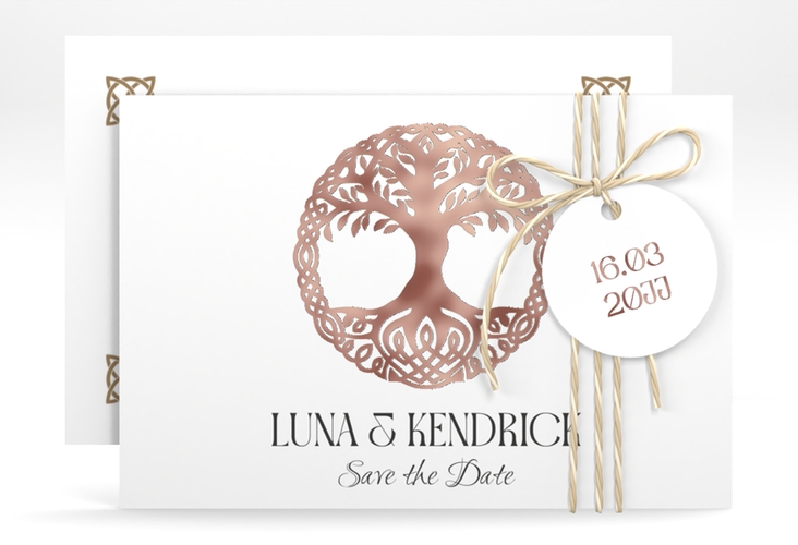 Save the Date-Karte Lebensbaum A6 Karte quer rosegold im Stil der Kelten und Wikinger