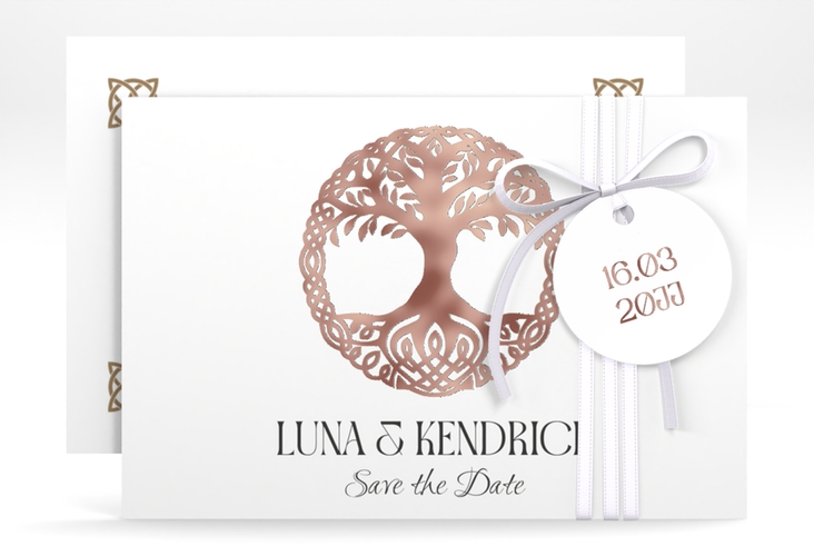 Save the Date-Karte Lebensbaum A6 Karte quer rosegold im Stil der Kelten und Wikinger
