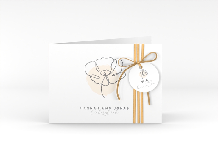Hochzeitseinladung Flowerline A6 Klappkarte quer apricot silber