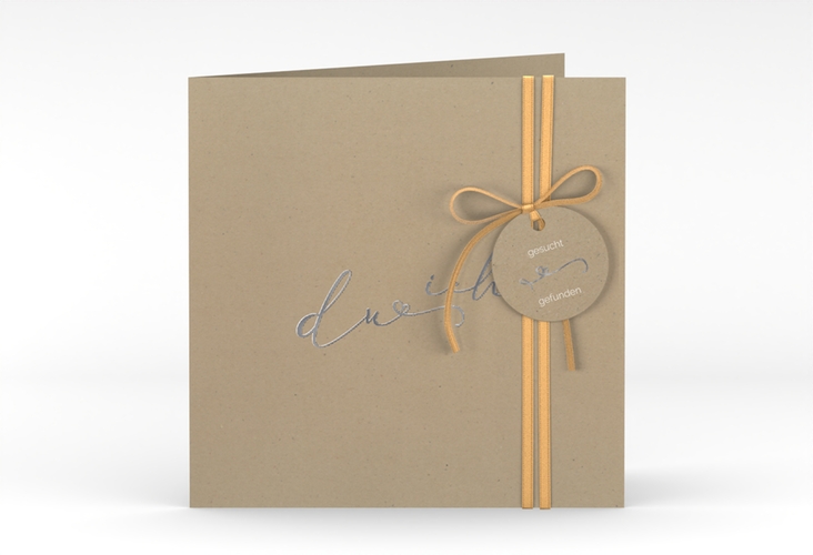 Hochzeitseinladung Zweisamkeit quadr. Klappkarte Kraftpapier silber im minimalistischen Stil mit Aufschrift du & ich