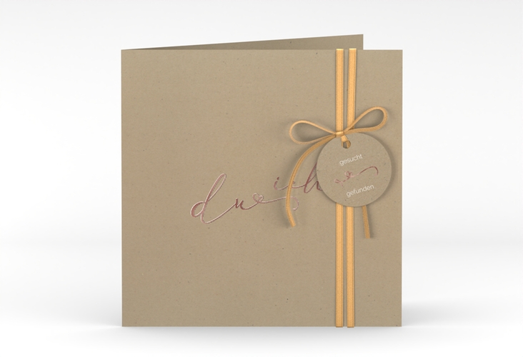 Hochzeitseinladung Zweisamkeit quadr. Klappkarte Kraftpapier rosegold im minimalistischen Stil mit Aufschrift du & ich