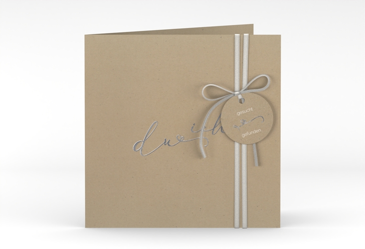 Hochzeitseinladung Zweisamkeit quadr. Klappkarte Kraftpapier silber im minimalistischen Stil mit Aufschrift du & ich