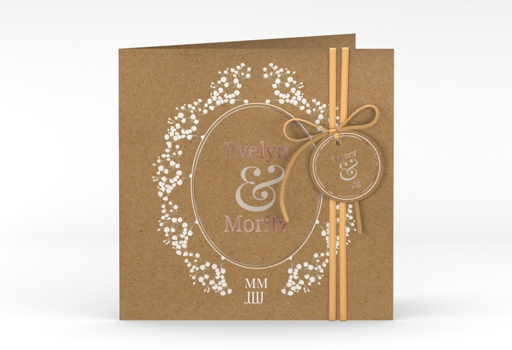 Hochzeitseinladung Gypsophila quadr. Klappkarte Kraftpapier rosegold im Vintage-Stil mit Blumenkranz aus Schleierkraut