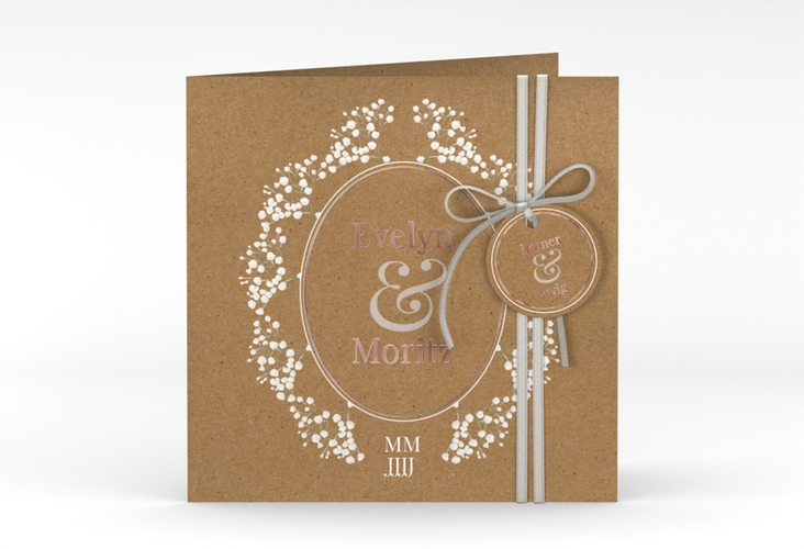 Hochzeitseinladung Gypsophila quadr. Klappkarte Kraftpapier rosegold im Vintage-Stil mit Blumenkranz aus Schleierkraut