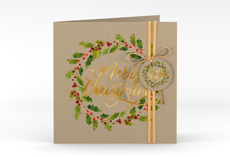 Weihnachtskarte Weihnachtskranz quadr. Klappkarte Kraftpapier gold mit Kranz aus Stechpalme