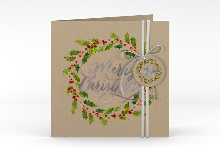 Weihnachtskarte Weihnachtskranz quadr. Klappkarte Kraftpapier silber mit Kranz aus Stechpalme