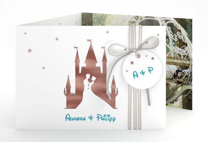 Hochzeitseinladung Castle A6 Doppel-Klappkarte tuerkis rosegold