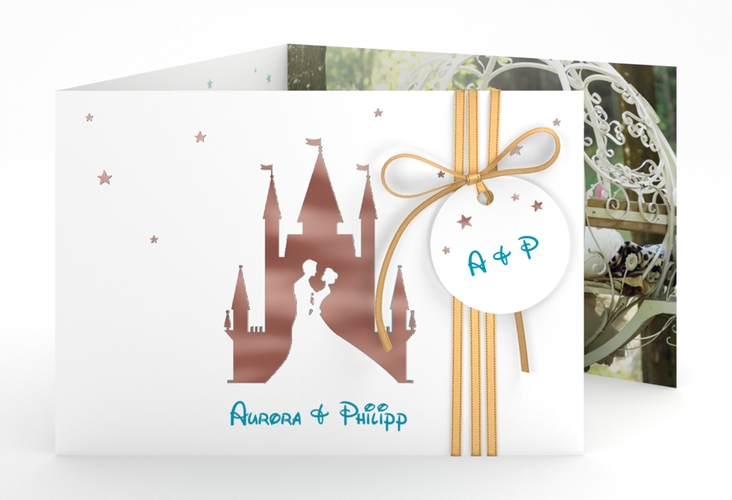 Hochzeitseinladung Castle A6 Doppel-Klappkarte tuerkis rosegold