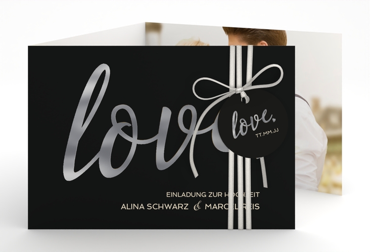 Hochzeitseinladung Glam A6 Doppel-Klappkarte schwarz silber