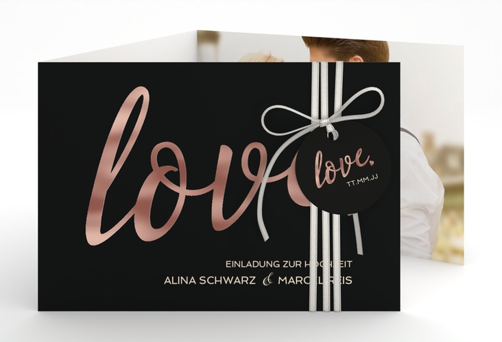 Hochzeitseinladung Glam A6 Doppel-Klappkarte schwarz rosegold